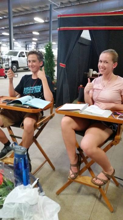 Equitate's directors chairs did double duty for Marjorie and Harrison Hanneman at the Madison Classic Horse Show as they caught up on school work while Marjorie got her hair done.