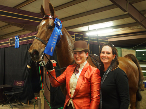 Stonecroft Rumor Has It and Jessica Cloud made their amateur debut a blue one in the Adult Five-Gaited Show Pleasure class.