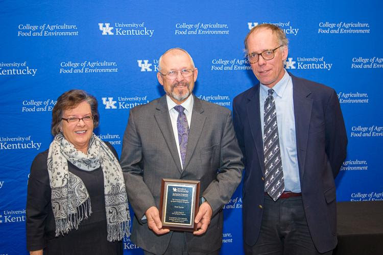 Nancy Cox, UK CAFE dean, Mick Peterson, right, director of UK Ag Equine Programs, present the Friend of UK Ag Equine Programs award to Fred Sarver. Photo by Matt Barton, UK agricultural communications.